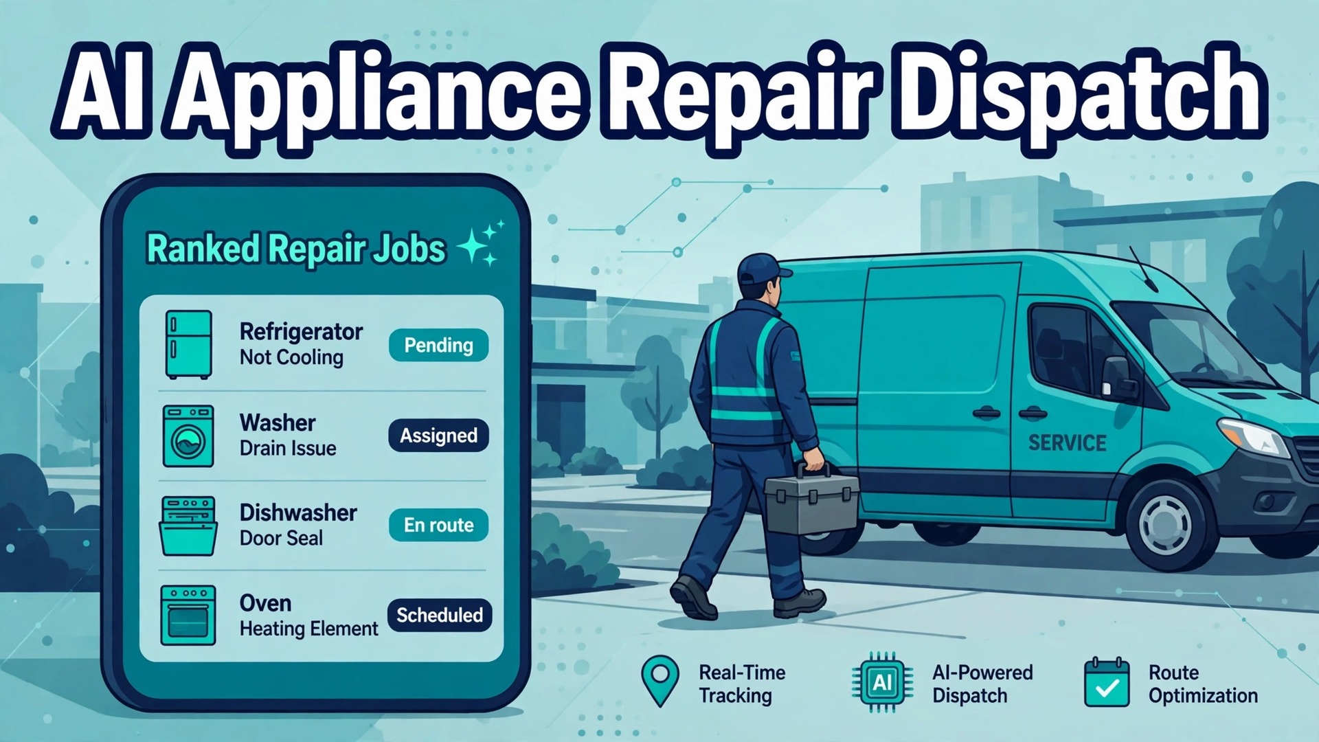 use AI for appliance repair dispatch thumbnail: A phone mockup showing ranked appliance repair jobs