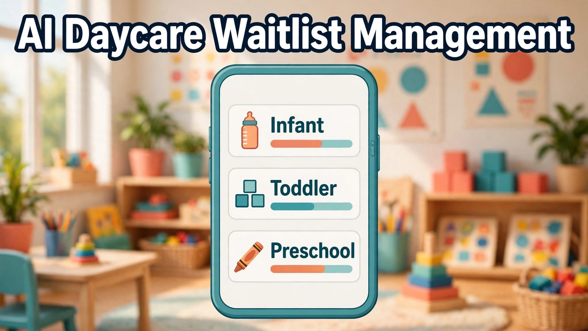 use AI for daycare waitlist management thumbnail: A phone mockup showing daycare waitlist buckets and offers