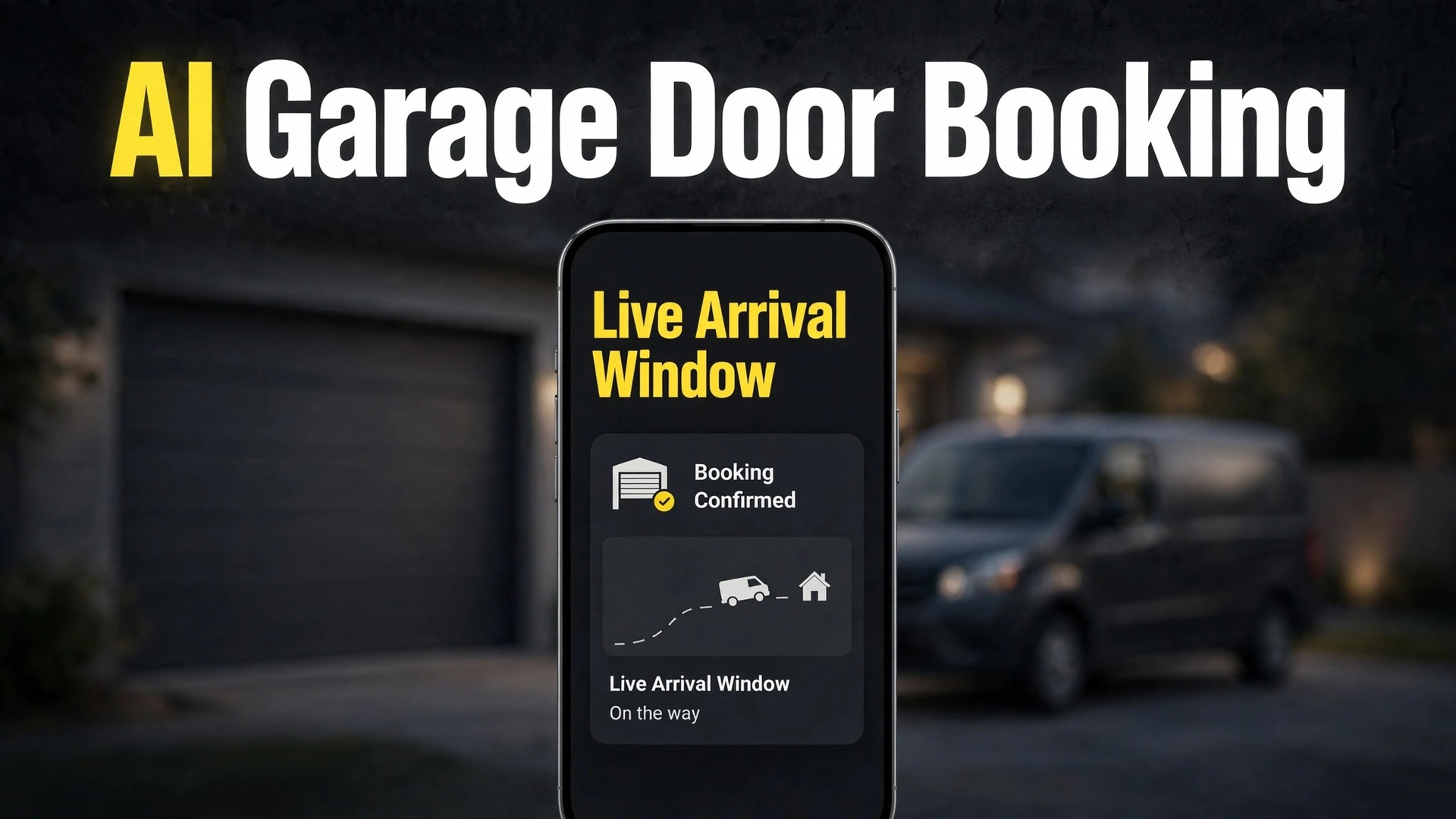 use AI for garage door repair booking thumbnail: A phone mockup showing a garage door booking