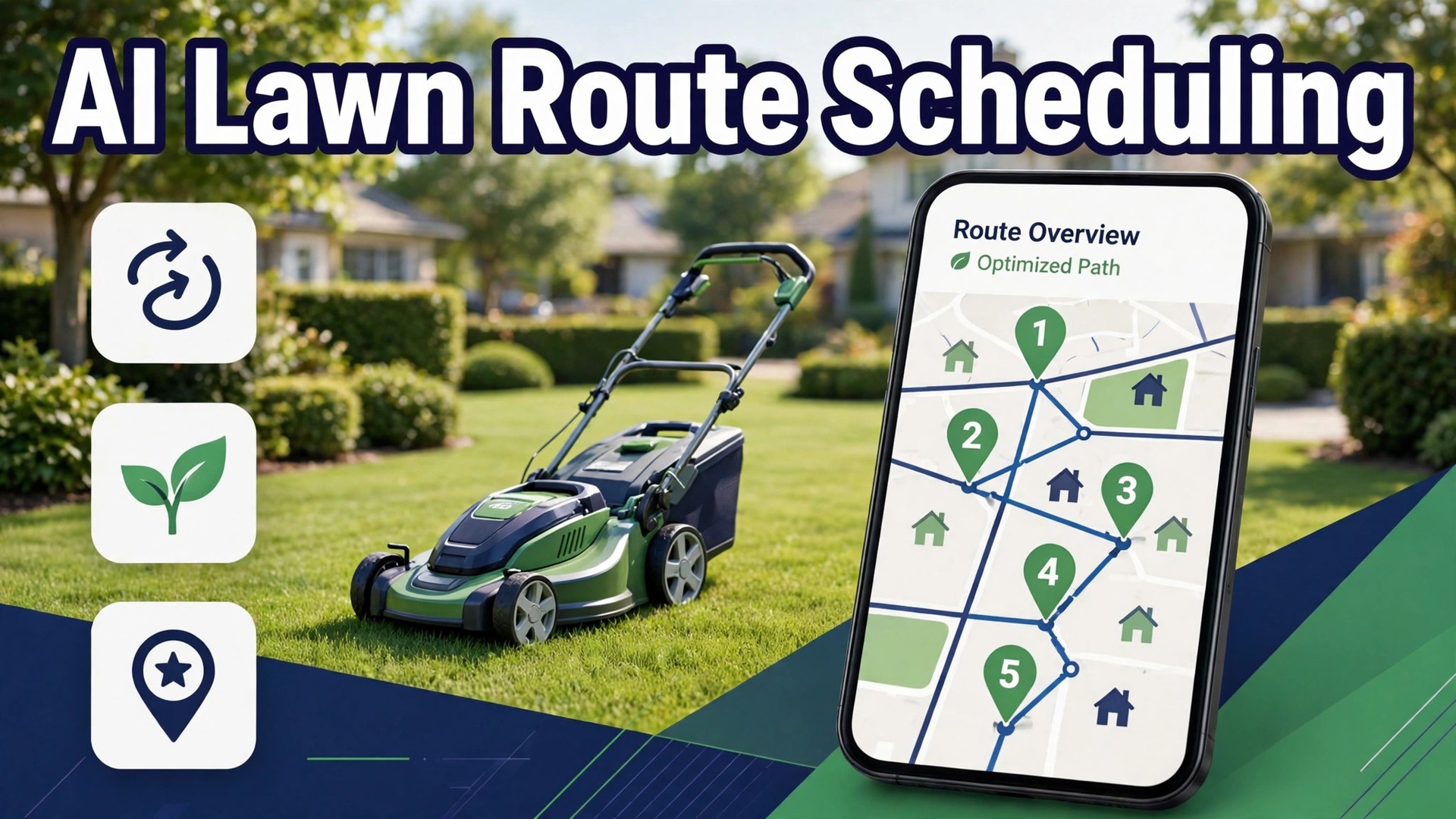 use AI for lawn care route scheduling thumbnail: A phone mockup showing a tight lawn care route