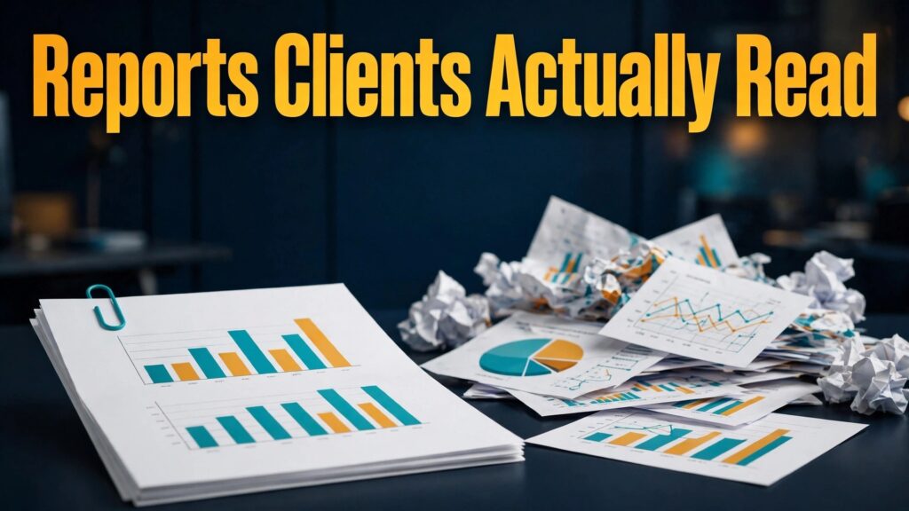 use AI for marketing agency client reporting thumbnail: A clear agency client report compared with scattered charts