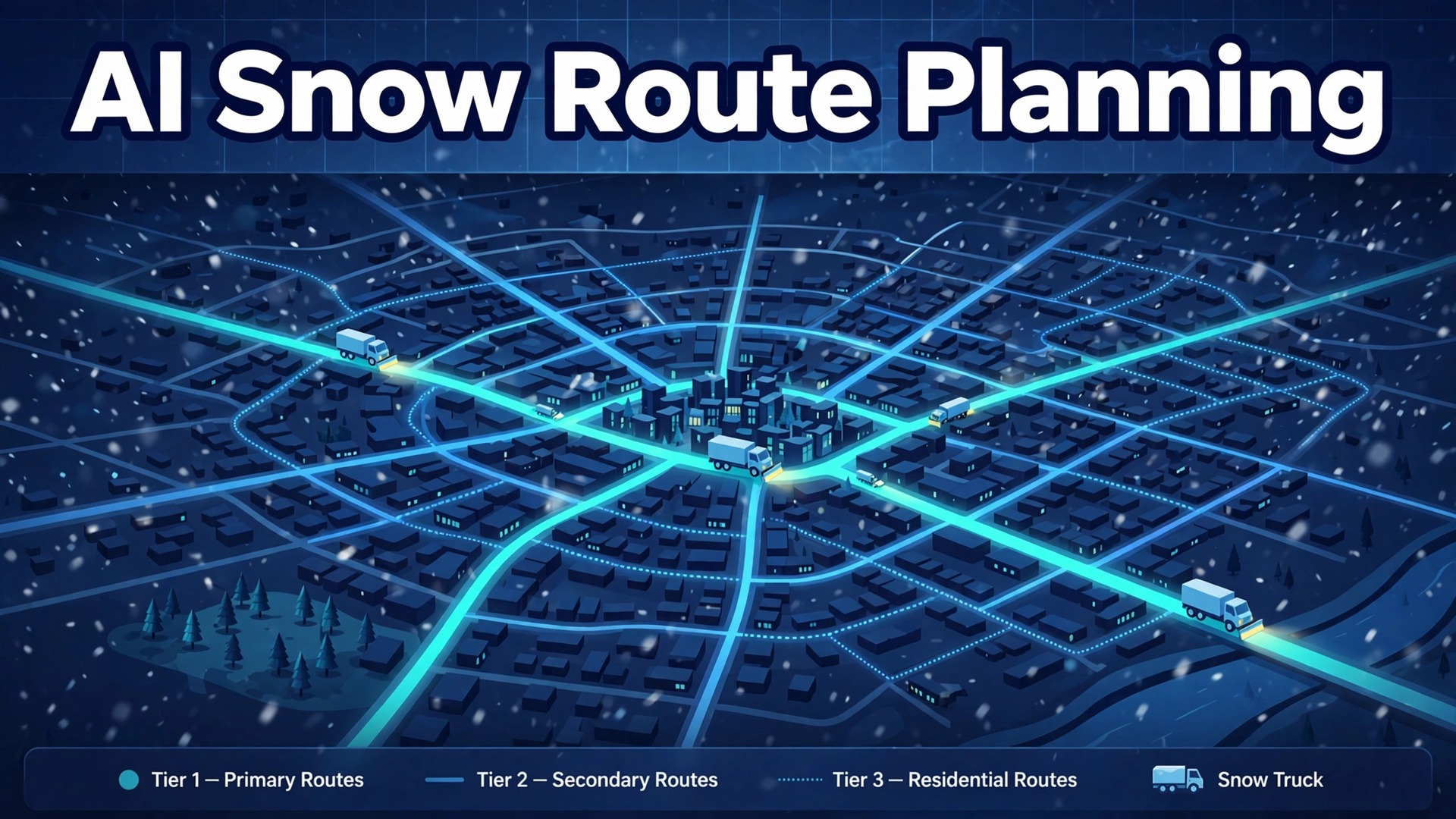 use AI for snow removal route planning thumbnail: A night map of snow removal routes