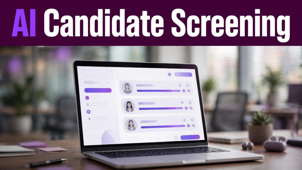 use AI for staffing agency candidate screening thumbnail: A recruiter dashboard mockup showing a candidate shortlist