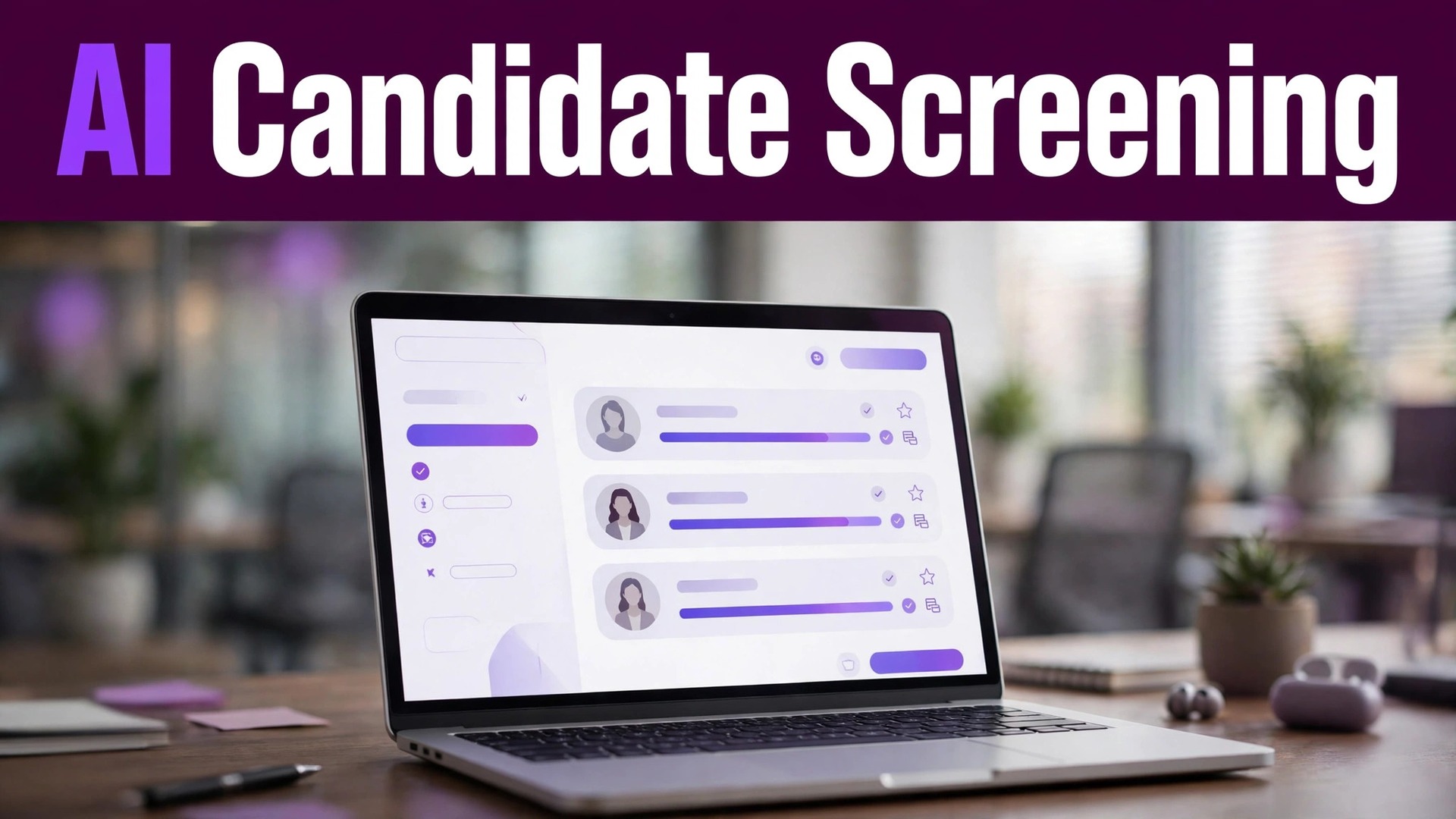 use AI for staffing agency candidate screening thumbnail: A recruiter dashboard mockup showing a candidate shortlist