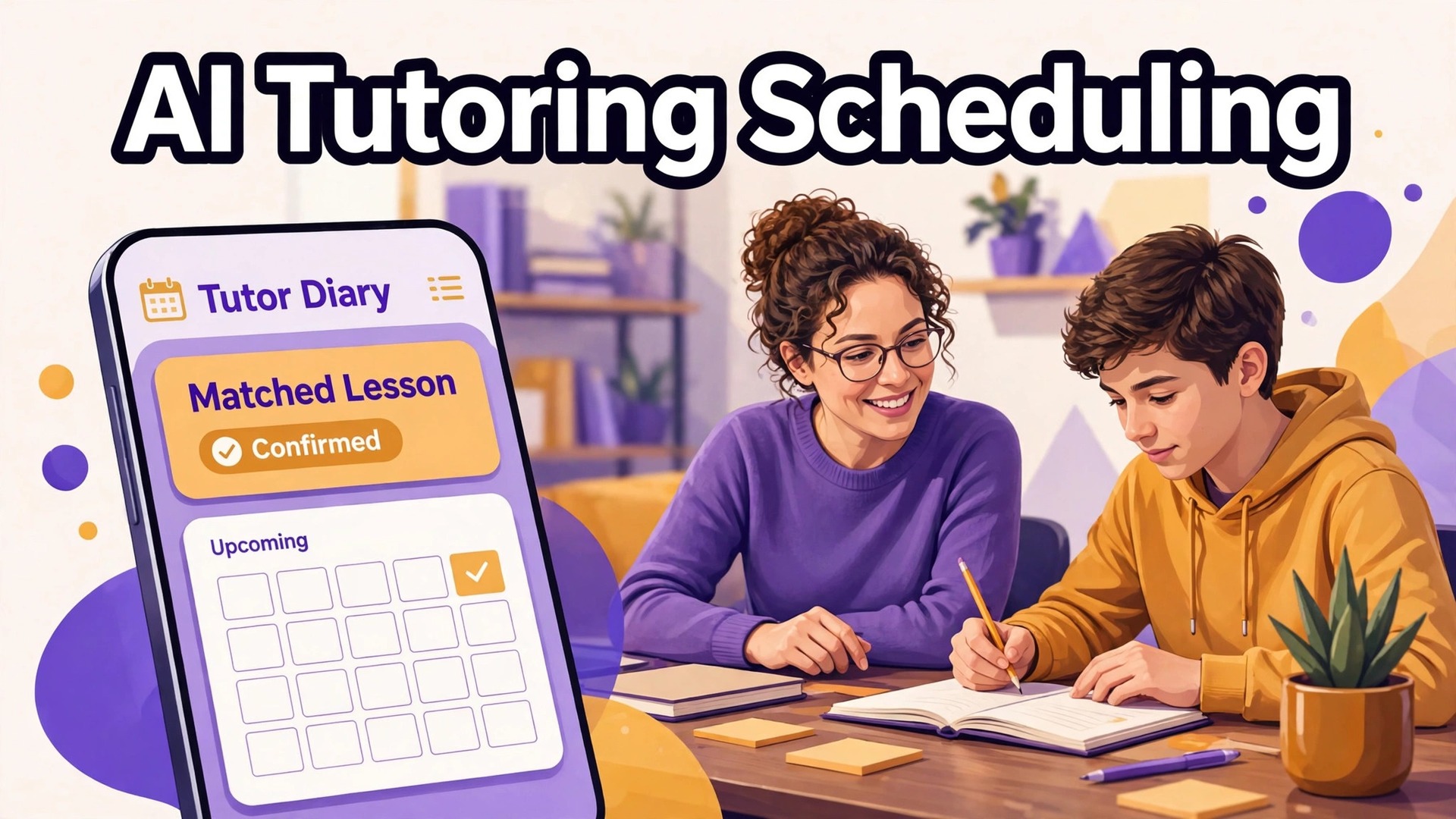 use AI for tutoring business scheduling thumbnail: A phone mockup showing a tutoring diary and matched lesson