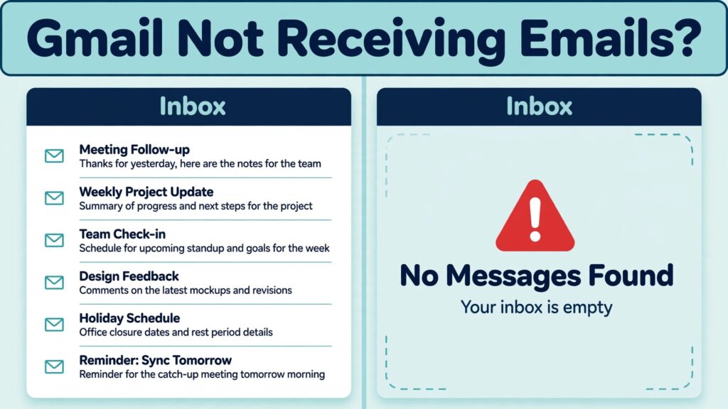 fix Gmail not receiving emails small business thumbnail: A comparison of a full inbox with an empty inbox
