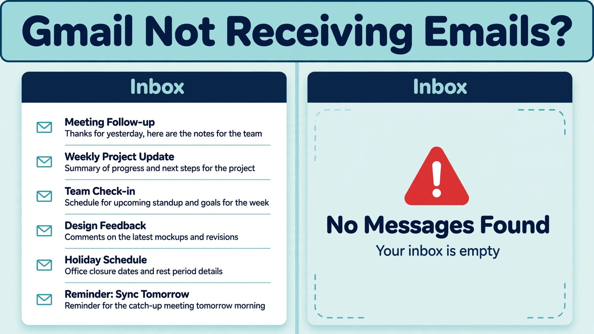 fix Gmail not receiving emails small business thumbnail: A comparison of a full inbox with an empty inbox