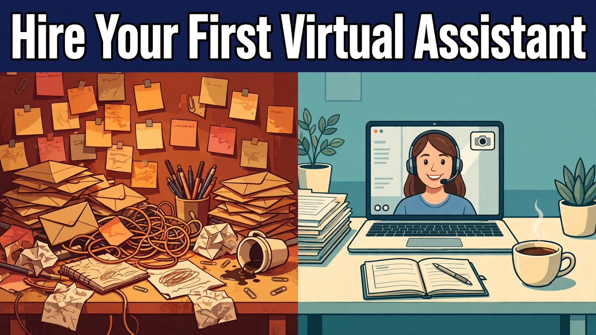 how to hire first virtual assistant small business thumbnail: A comparison of a cluttered desk and an organised desk with remote help
