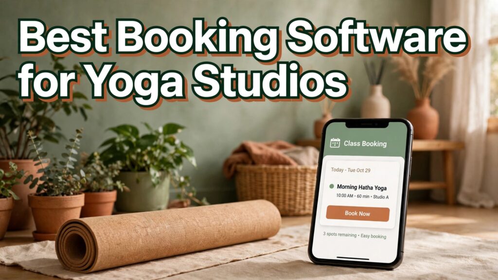 Best booking software for yoga studios thumbnail showing a studio and phone booking