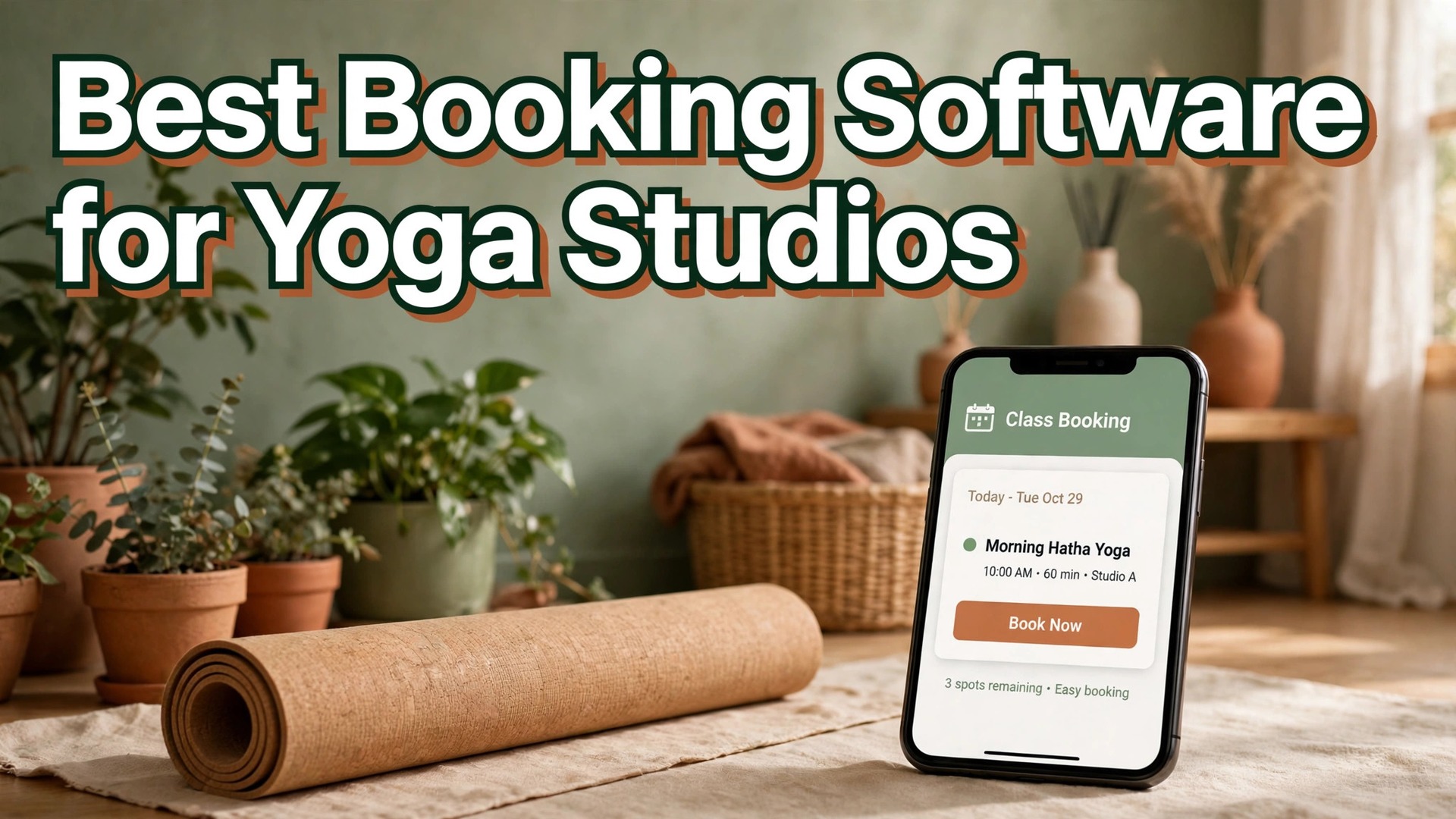 Best booking software for yoga studios thumbnail showing a studio and phone booking