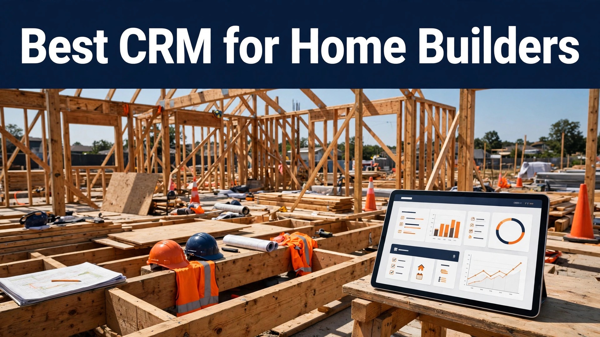 best CRM for home builders small business thumbnail: Best CRM for home builders guide thumbnail with a construction site