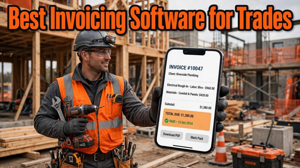 Best invoicing software for trades businesses thumbnail showing a tradesperson and invoice