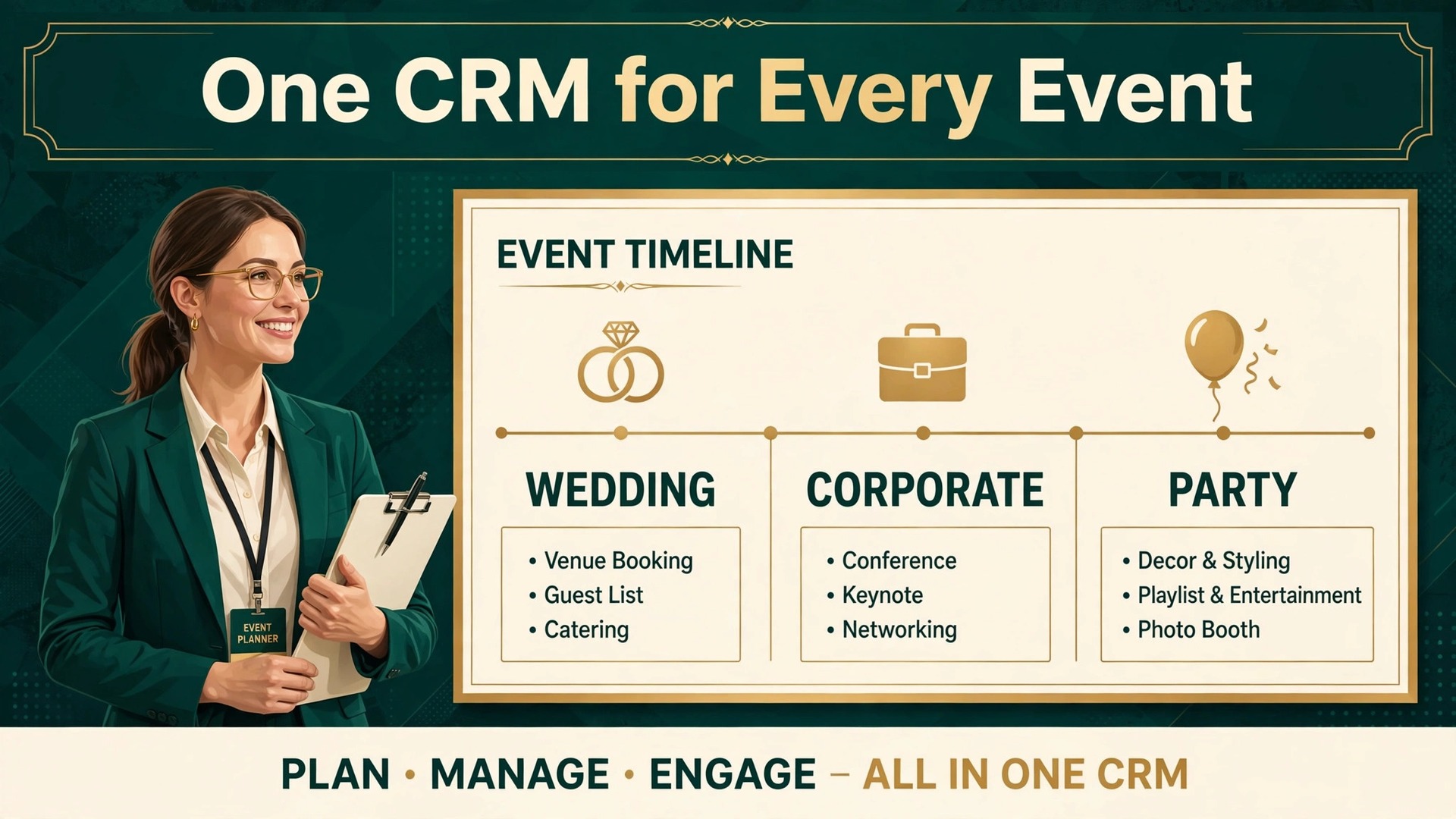 best CRM for event planners small business thumbnail: a comparison concept showing a planner beside a timeline board with wedding, corporate and party icons