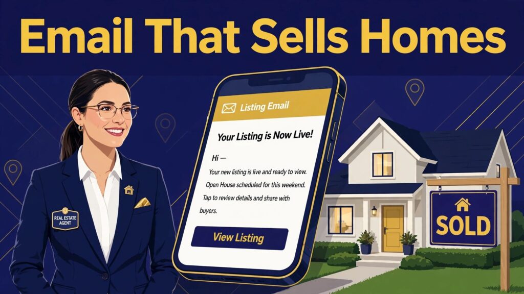 best email marketing software for real estate agents thumbnail: a comparison concept showing an agent beside a phone with a listing email and a sold sign