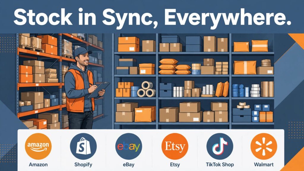 best inventory software for ecommerce sellers thumbnail: a comparison concept showing a seller beside shelves, parcels and channel icons