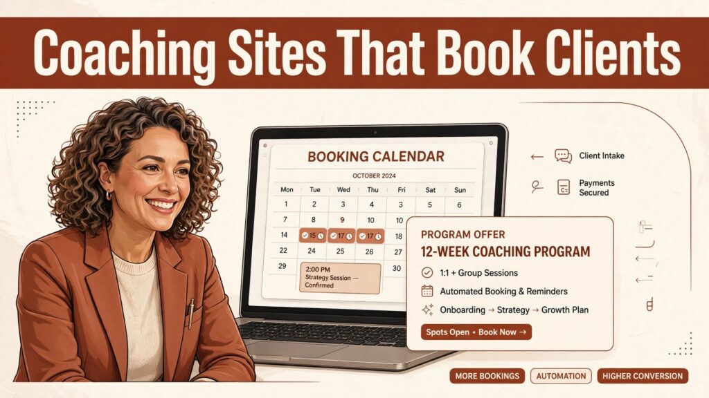 best website builder for coaches thumbnail: a comparison concept showing a coach beside a laptop with a booking calendar and program offer