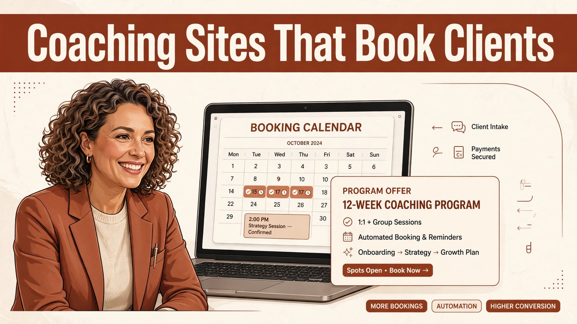 best website builder for coaches thumbnail: a comparison concept showing a coach beside a laptop with a booking calendar and program offer