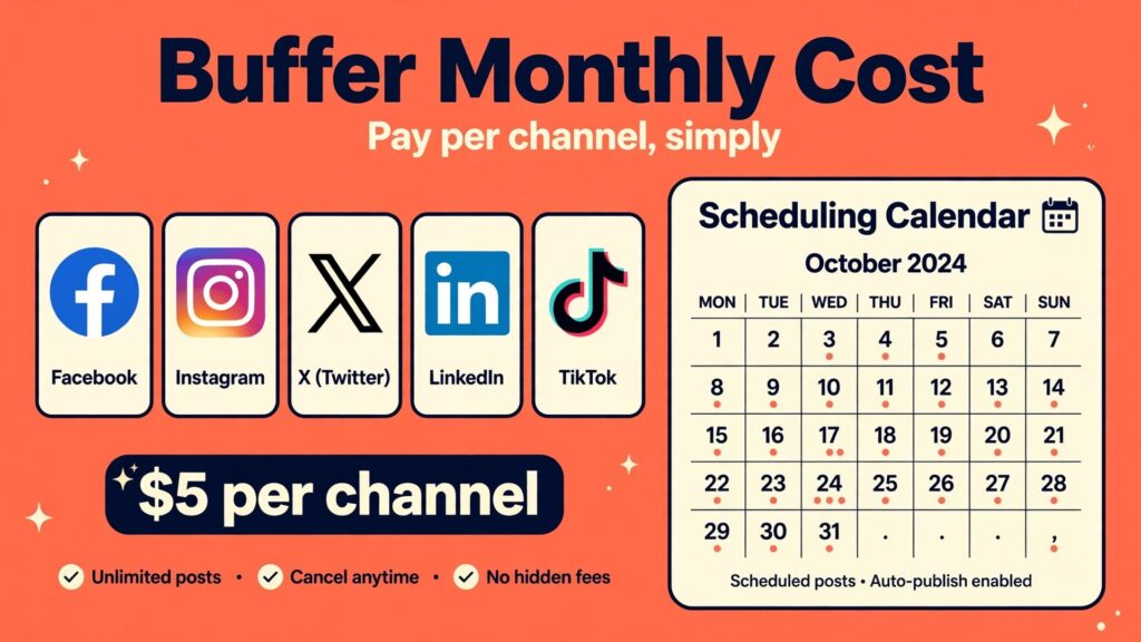 cost of Buffer for small business monthly thumbnail: Buffer pricing breakdown thumbnail with social channels and monthly total