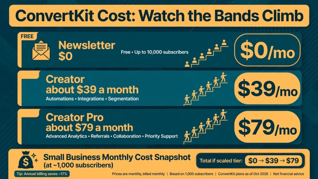 cost of ConvertKit for small business monthly thumbnail: a bold comparison poster showing three stacked price tiers with a rising subscriber staircase and a large dollar total