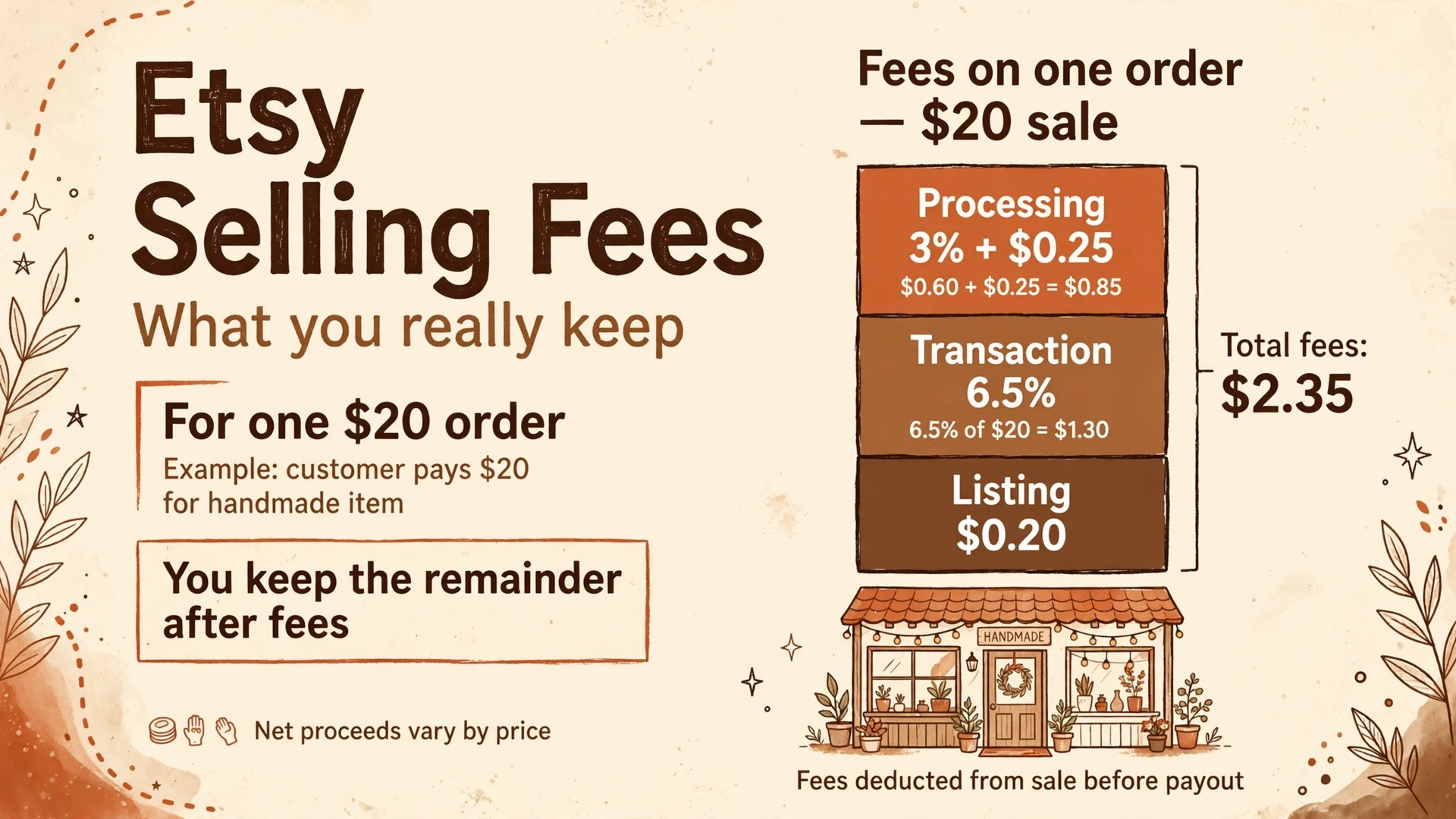 cost of Etsy selling fees small business thumbnail: Etsy selling fees breakdown thumbnail with order total and fee stack