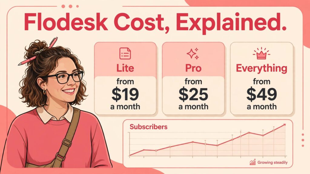 cost of Flodesk for small business monthly thumbnail: a comparison concept showing a small business owner beside email tiers and a growing subscriber chart