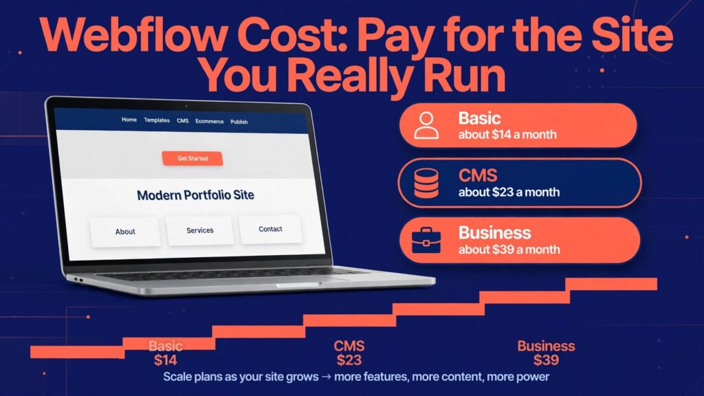 cost of Webflow for small business monthly thumbnail: a bold mockup poster showing a website on a laptop with three price badges and a rising cost staircase