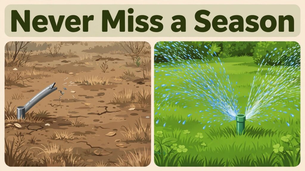 use AI for irrigation company service scheduling thumbnail: Irrigation company service scheduling thumbnail comparing dry and lush lawns
