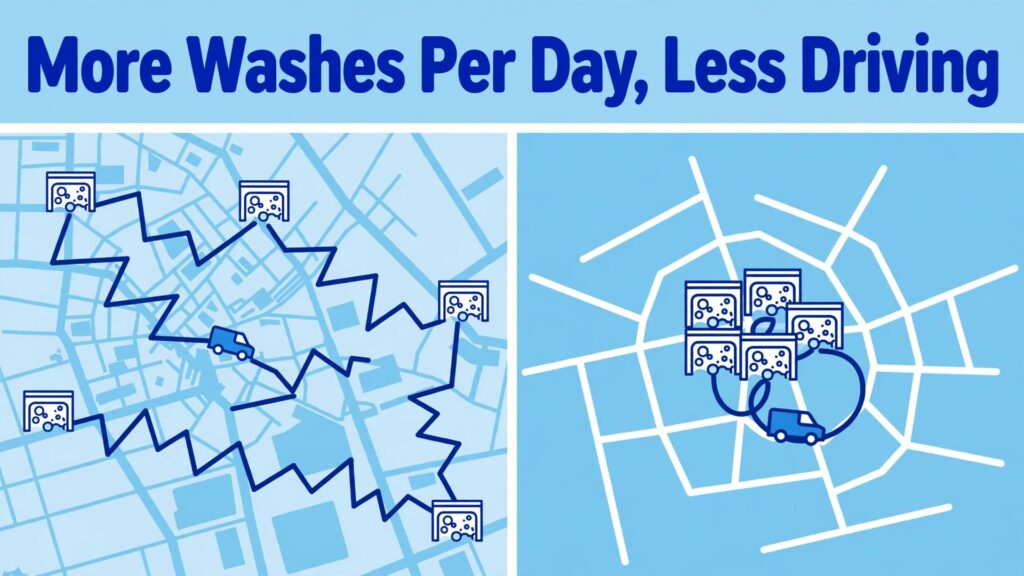use AI for mobile car wash route scheduling thumbnail: Mobile car wash route scheduling thumbnail comparing scattered and clustered routes