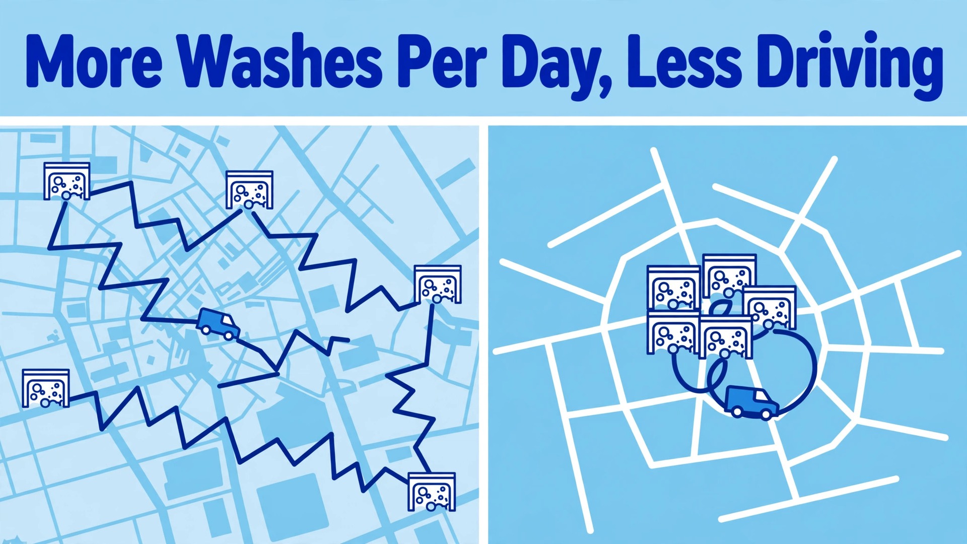 use AI for mobile car wash route scheduling thumbnail: Mobile car wash route scheduling thumbnail comparing scattered and clustered routes