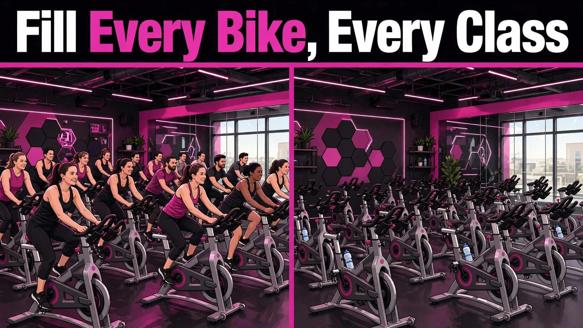 use AI for spin studio class scheduling thumbnail: Spin studio class scheduling thumbnail comparing full and half empty rooms