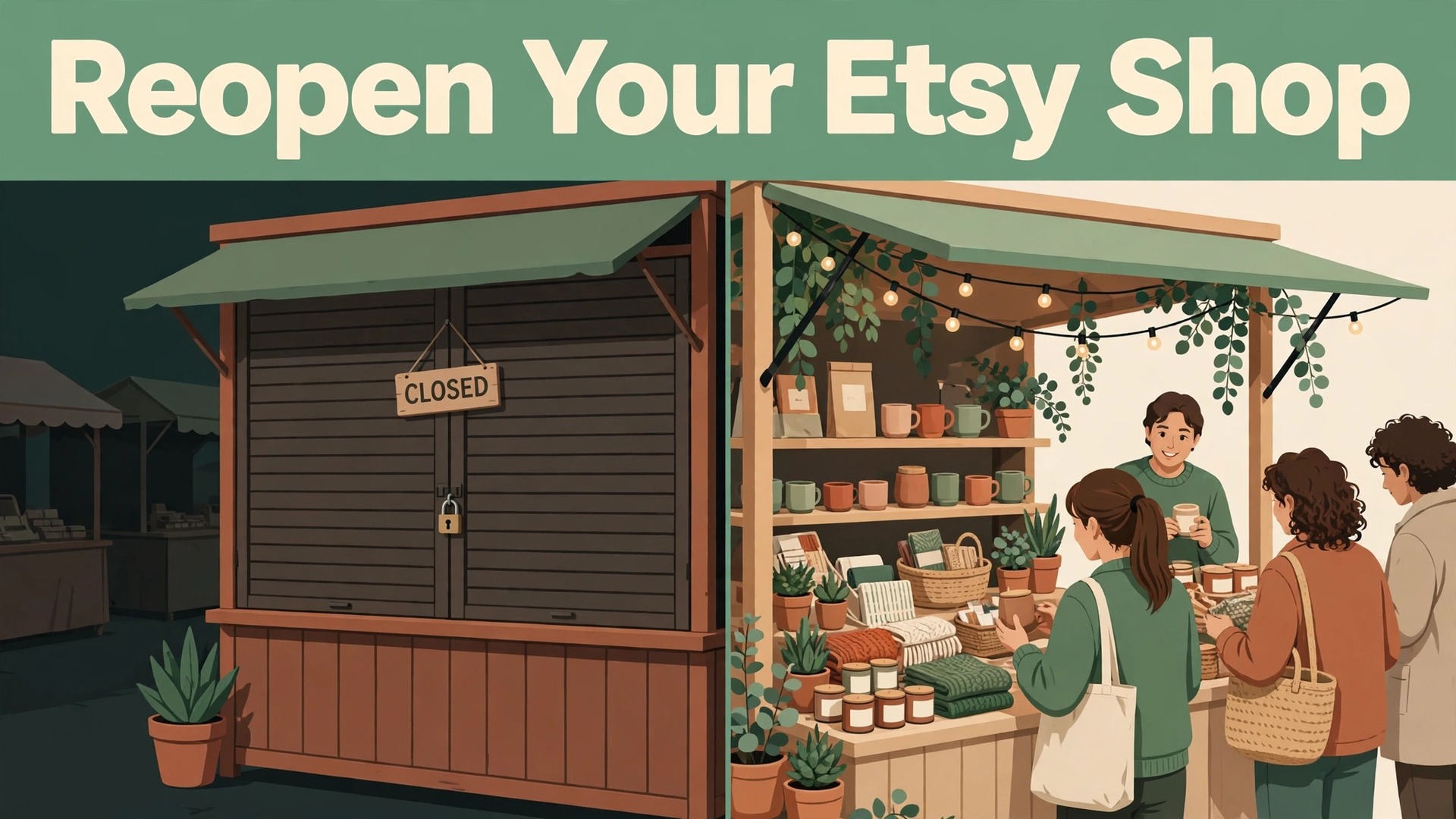 fix Etsy shop suspended small seller thumbnail: Etsy shop suspended thumbnail comparing a shuttered stall with an open stall