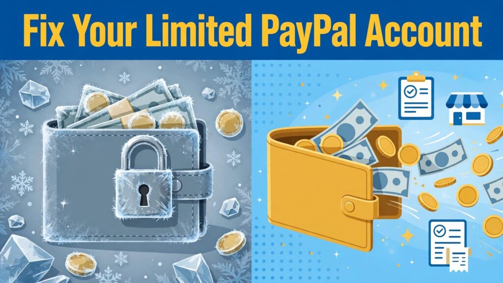fix PayPal account limited small business thumbnail: PayPal account limited thumbnail comparing a locked wallet with a flowing wallet