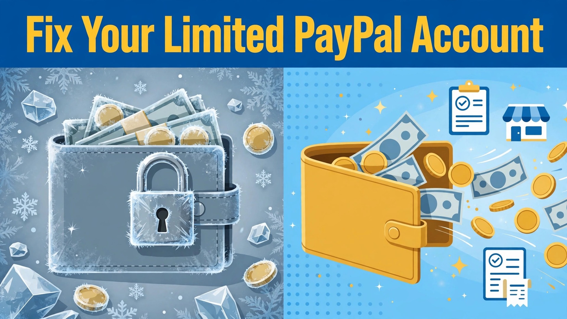 fix PayPal account limited small business thumbnail: PayPal account limited thumbnail comparing a locked wallet with a flowing wallet