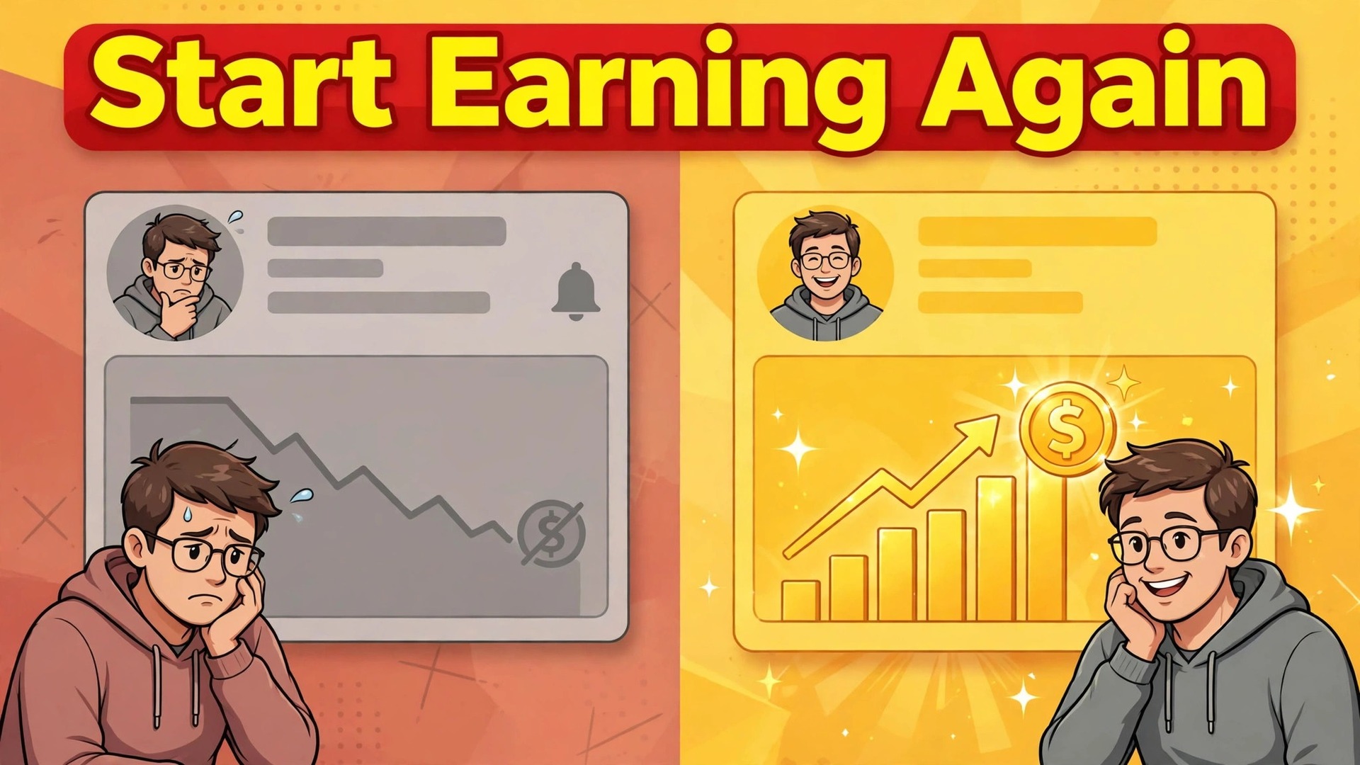 fix YouTube monetization disabled small business thumbnail: YouTube monetization disabled thumbnail comparing a switched off channel with a switched on one