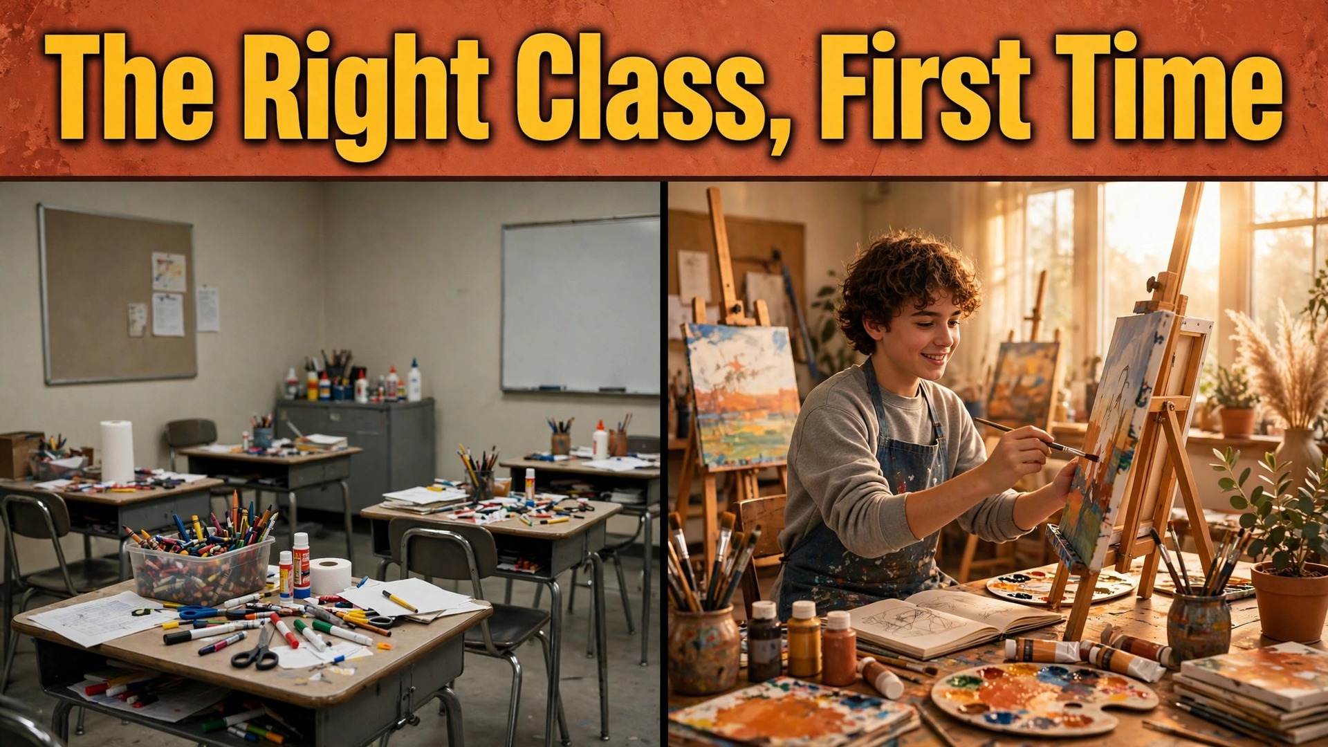 use AI for art school class scheduling thumbnail: Art school class scheduling thumbnail comparing generic and medium matched classrooms