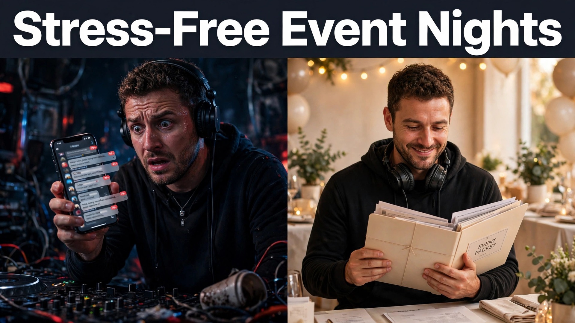 use AI for DJ booking management thumbnail: DJ booking management thumbnail comparing message chaos with one complete event packet
