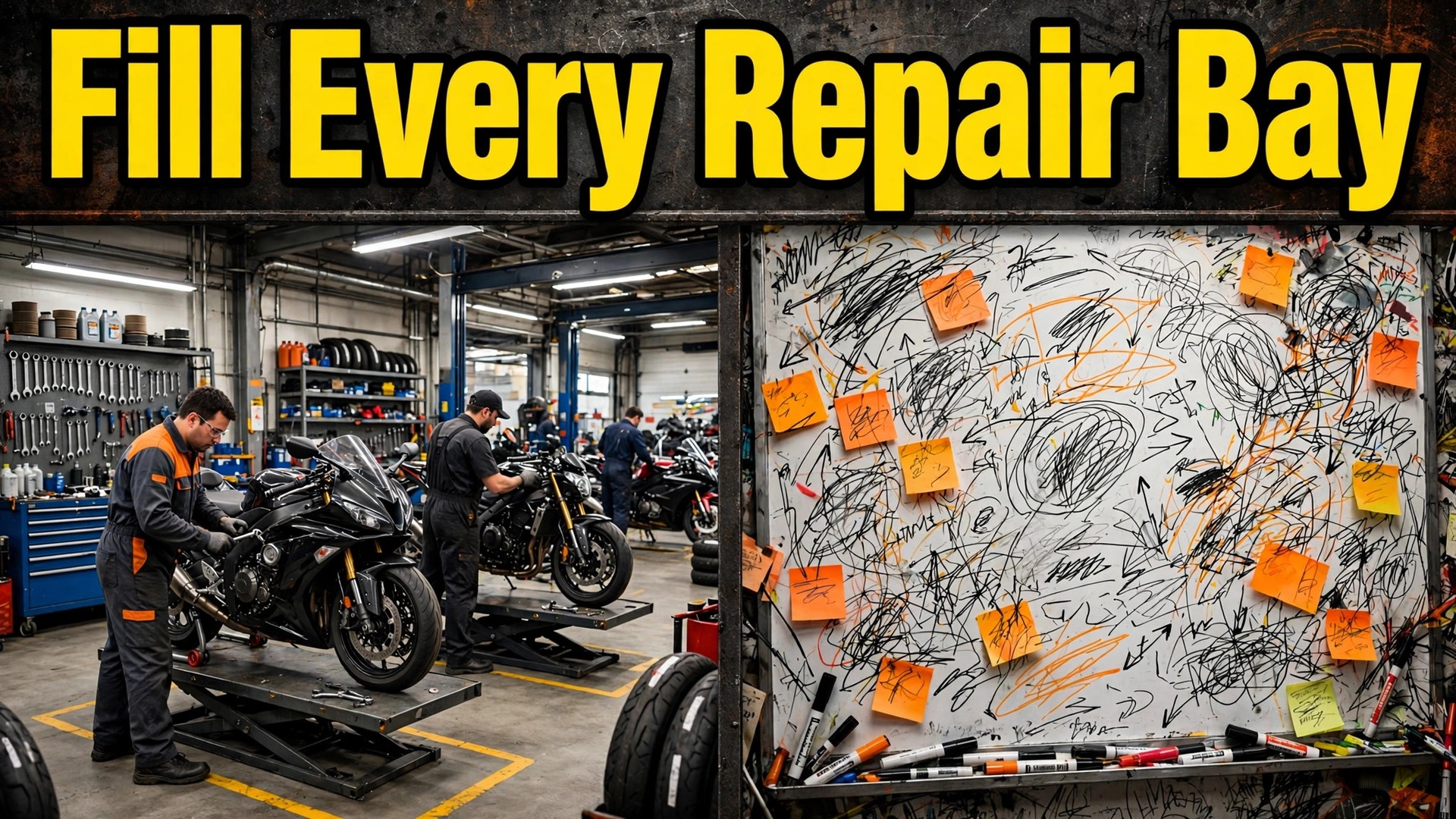use AI for motorcycle repair shop booking thumbnail: Motorcycle repair shop booking thumbnail comparing planned diary and chaotic whiteboard
