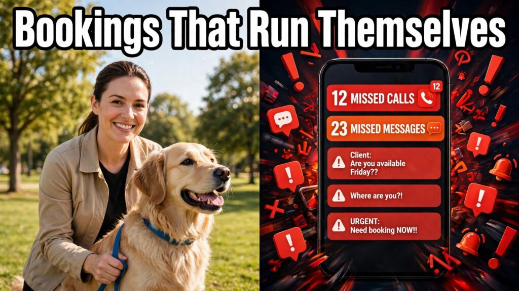 use AI for pet sitting booking management thumbnail: Pet sitting booking management thumbnail comparing calm organised visits with chaotic messages