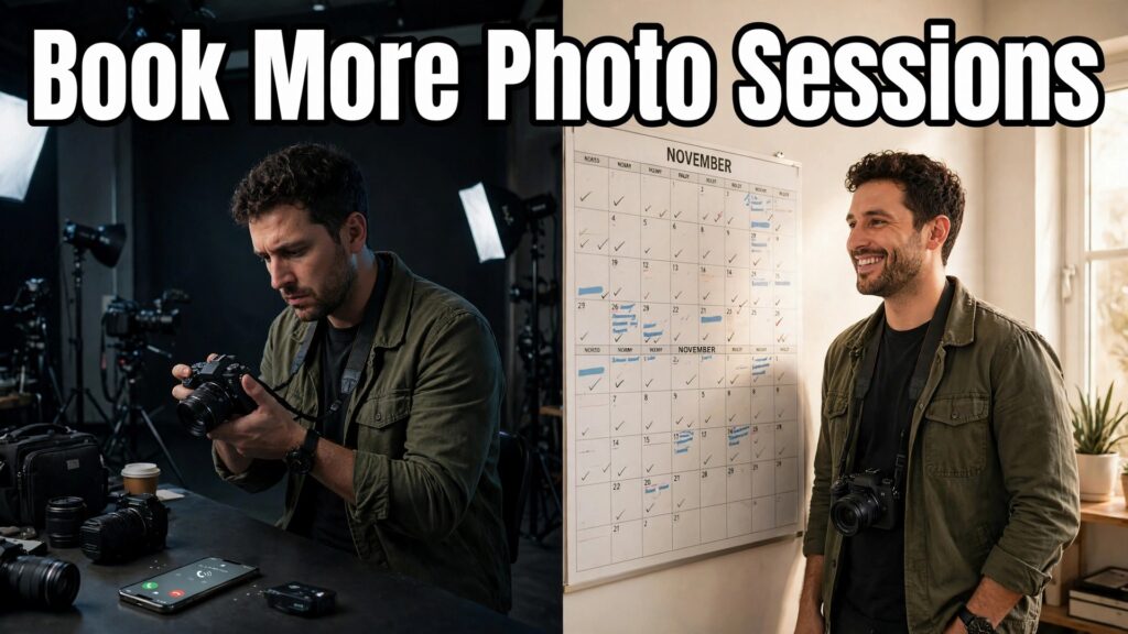 use AI for photography studio client booking thumbnail: Photography studio client booking thumbnail comparing missed inquiries with a full calendar