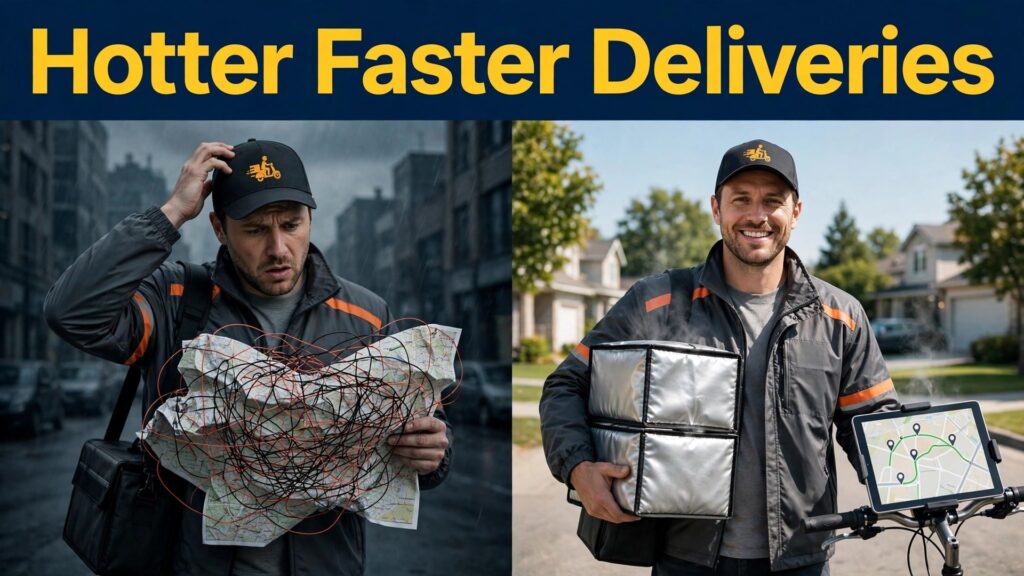 use AI for restaurant delivery route planning thumbnail: Restaurant delivery route planning thumbnail comparing a tangled route with a clean zone route
