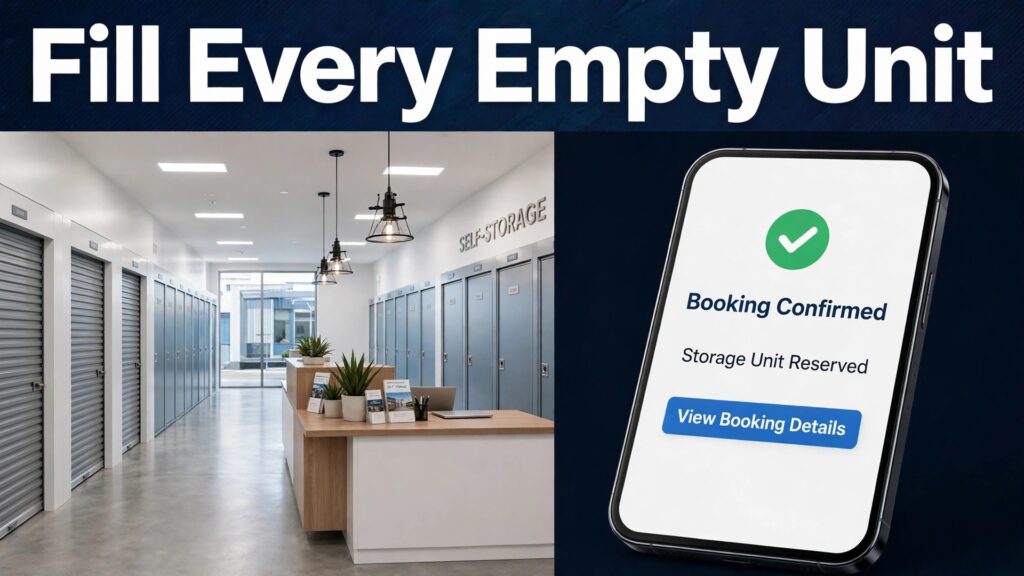 use AI for self storage facility management thumbnail: Self storage facility management thumbnail comparing an empty unit row with a fully booked facility