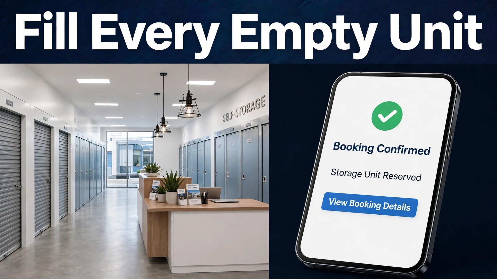 use AI for self storage facility management thumbnail: Self storage facility management thumbnail comparing an empty unit row with a fully booked facility