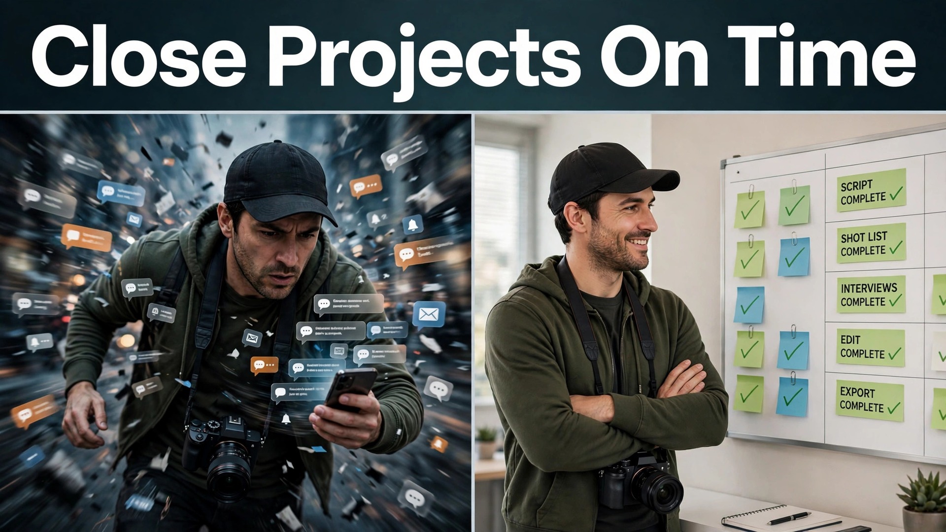 use AI for videography business booking thumbnail: Videography business booking thumbnail comparing chaotic messages with a clean project board