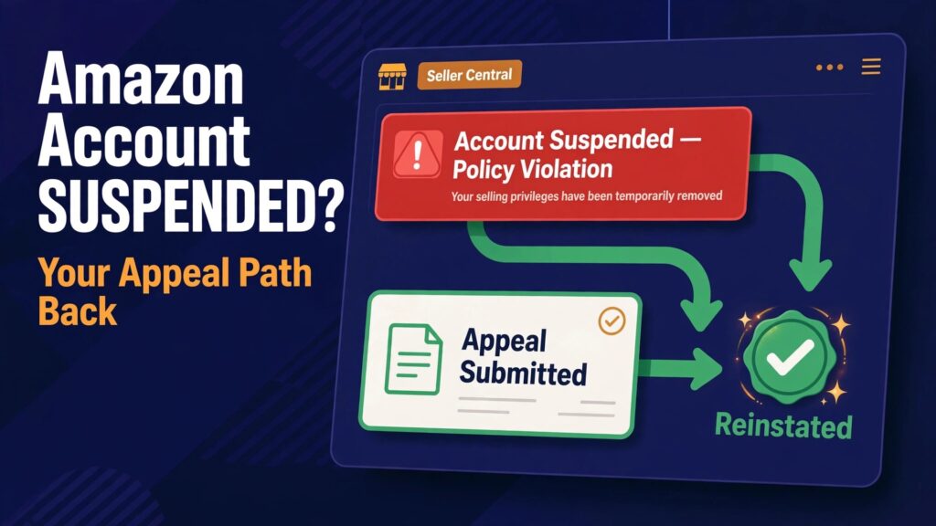 Fix Amazon seller account suspended small business guide thumbnail showing the appeal path