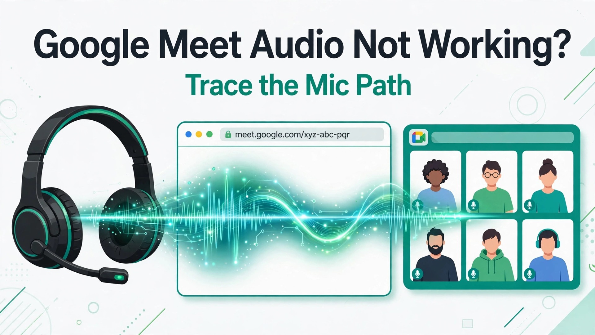 Fix Google Meet audio not working small team guide thumbnail showing the microphone path