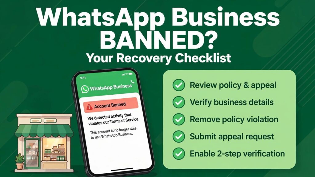 Fix WhatsApp business account banned small business guide thumbnail with recovery checklist