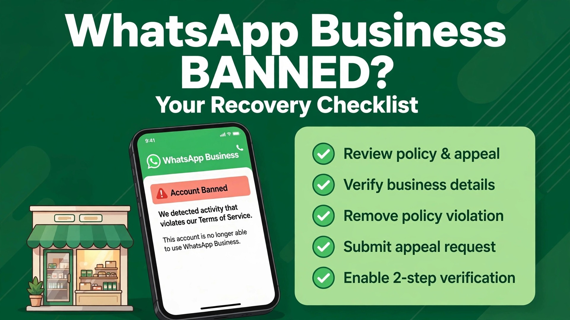 Fix WhatsApp business account banned small business guide thumbnail with recovery checklist