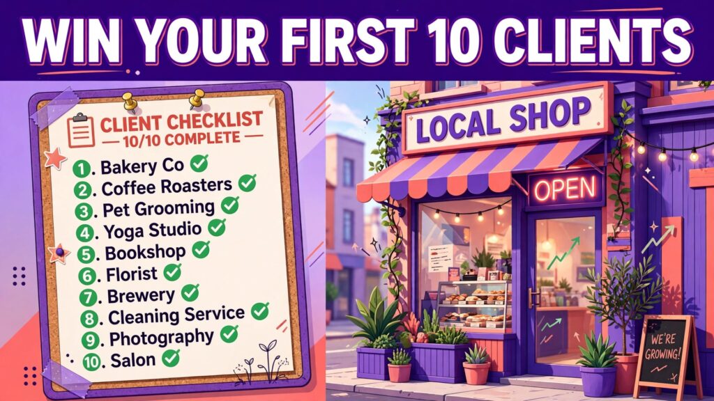 How to get first 10 clients small business thumbnail showing ten checked client names beside a storefront