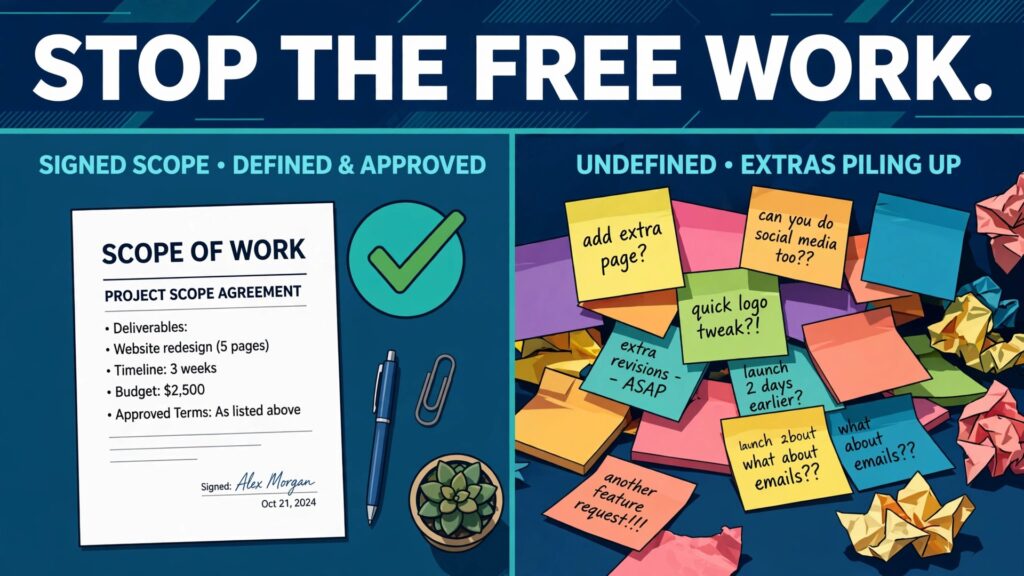 How to handle scope creep small business thumbnail comparing a clean signed scope with messy extra requests