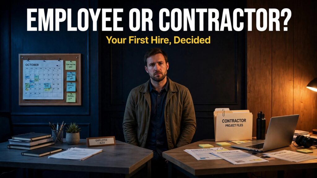 Decision visual for how to hire first employee vs contractor small business